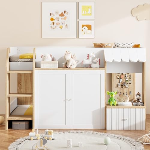 EURHCIO Lit Mezzanine 1 Place 90x200cm,Lit Cabane Enfants avec Étagères,Grand Escalier,Armoire,Portes,Barrière Haute,Sommier à Lattes Solide,pour Enfants...