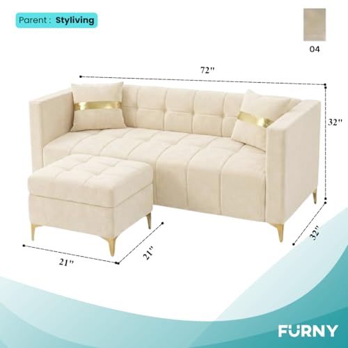 Image of FURNY Styliving 4 Seater L Shape Sofa Set with Movable Ottoman & Golden Legs | Flexible Left or Right Layout | Plush Velvet Fabric (Cream) | Perfect for Living Room, Guest Room & Office