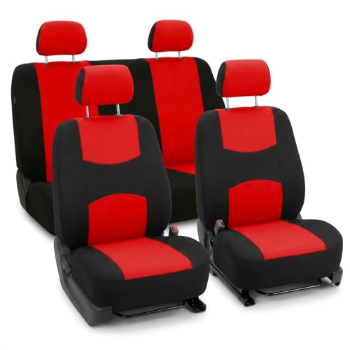 FH Group Bright Flat Cloth Full Set Automotive Seat Covers Front Set and Rear Solid Bench Red Black Seat Covers w. Gift Universal Fit Interior Accessories for Cars Trucks and SUVs