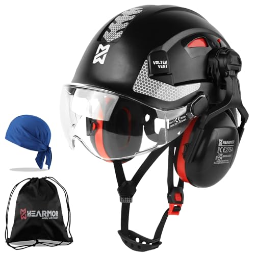 HEARMOR ANSI Z89.1 & EN397 Certified Safety Helmet/Hard Hat with Ear Protection – Lightweight Vented Work Helmet Kit, 6-Point Suspension System – Ideal for Industrial & Construction Professionals