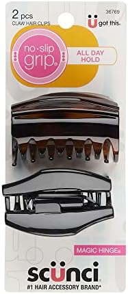 Scunci by Conair No-Slip Grip Hair Claw Clips, Magic Hinge Claw Hair Clip in Brown and Black, All Day Hold, Packaging May Vary, Pack of 2