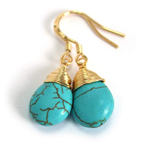 Natural Stone Wire Wrap Dangle Drop Earrings Gold Plated 925 Sterling Silver Hook/Turquoise Water Drop