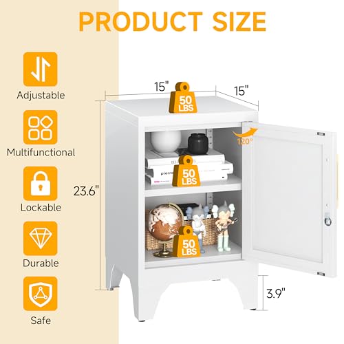 Image of 23.6 inch H Metal Locker Nightstand Set of 2,White Locking Night Stand with Door and Adjustable Shelf, Small Locker Cabinet with Detachable Legs for Home Office,Living Room or Bedroom,Easy Assembly