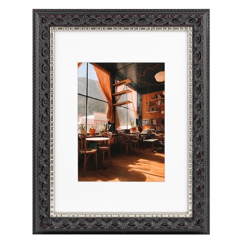 Image of Golden State Art, 9X12 Ornate Finish Photo Frame with White Mat for 6X8 Picture & Real Glass, Color: Black with Silver & Burgundy