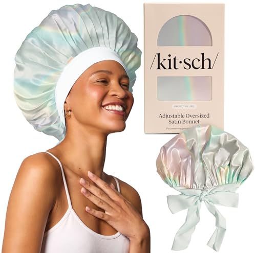 Kitsch XL Satin Bonnet for Sleeping - Softer Than Silk Hair Bonnet for Women - Secure Fit, Adjustable Night Cap for Curly & Textured Hair - Prevents Breakage, Tangles & Thinning - Aura