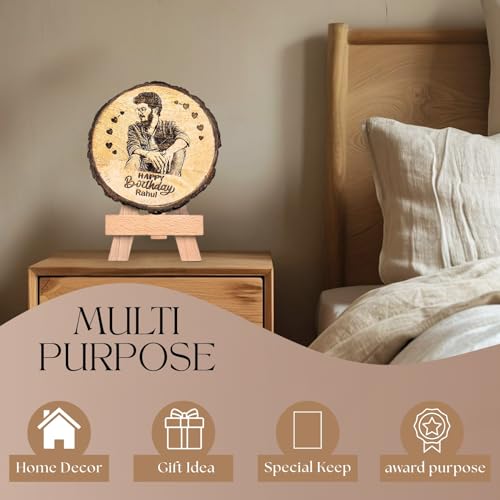 Customize Engraved Natural Slice Wooden Round Photo Frame, Personalized Photo Gift For Birthday, Wedding, Real Wood Plaque With Wood Stand, Tabletop_ 5.5X5.5 Inches