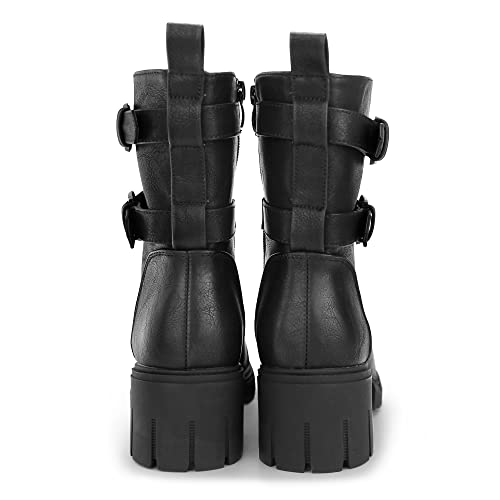 Tobfis Women's Combat Boots Side Zipper Buckle Chunky Heel Ankle Booties4