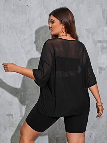 Makemechic Women's Plus Size 3 Piece Outfit Sheer Mesh Short Sleeve T Shirts And Tube Top Vest And Biker Shorts Set Black 2Xl #TOP1