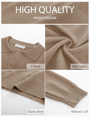 Kate Kasin Women Long Sleeve Polo Sweater V Neck Knitted Tops Casual Ribbed Shirt Loose Pullover Sweater2