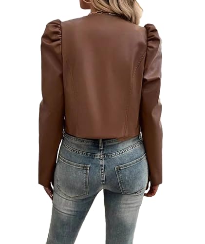 SEMATOMALA Women's Puff Sleeve Cropped Jacket Faux Leather Bolero Blazer Long Sleeve Open Front PU Cardigan2