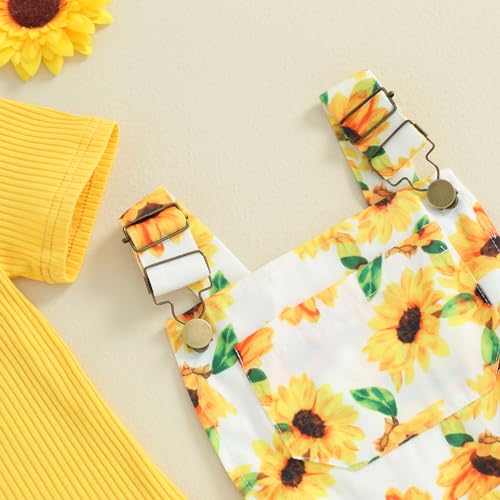 fhutpw Toddler Baby Girls Summer Outfits Daisy Ruffle Short Sleeve T-Shirts Tops Floral Shorts 2Pcs Clothes Set 6M-4T (Ribbed Shirt + Sunflower Suspender White, 4-5 Years)