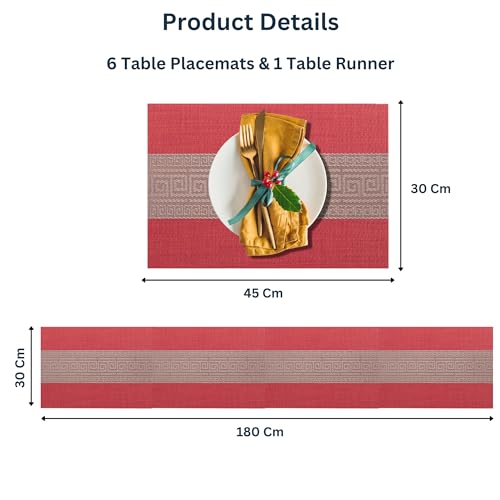Image of YELONA Placemats and Table Runner Set - Heat Resistant, Non-Slip & Washable PVC Vinyl Dining Table Mats - Scarlet Red (6 Placemats: 45x30 cm, 1 Runner: 180x30 cm)