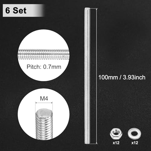 M METERXITY 6erPcs Vollgewindestange M4x100mm 304 Edelstahl Rechtsgewinde Gewindestange Mit Sechskantmuttern Und Unterlegscheiben Für Möbelankerbolzen Klemmen U-Bolzen Perlenverzierte