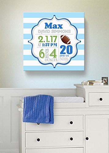Personalized Stretched Canvas Birth Announcement Gift, Custom Baby Name, Date, Weight Stats, Newborn Football Nursery Wall Art Decor, Wooden Frame Construction, Ready to Hang 24X24