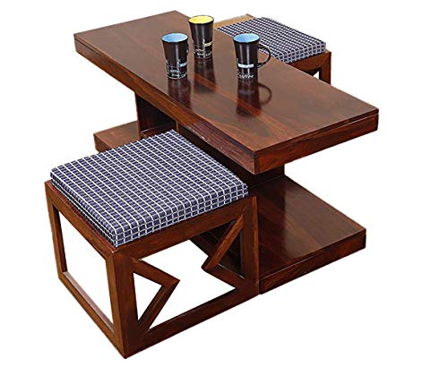 Image of Jangid Handicraft Solid Sheesham Wood Coffee Table with 2 Stool | Rectangle Sofa Centre Table with Stool | Tea Center Table with 2 Stools for Living Room | Patio Teapoy Table with Two Puffy | Mahogany