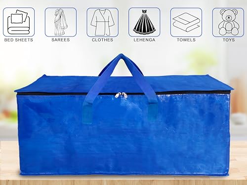 Shalimar Large Capacity Foldable Under Bed Storage Bags/Duffle Bags For Travel/Moving Bags/Wardrobe Organizer Bags | Comfortable Handles | Water Resistant | 28.5Lx13.5Wx13.5H Inches| Pack of 1 - Blue