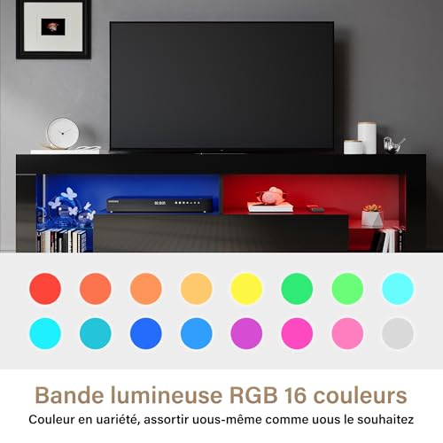 Meuble TV 160 cm Noir LED RGB télécommande SIRHONA