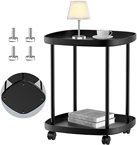 Oycevila Side Table with Wheels, Movable Double Layer End Table, Black Plastic Side Table, End Side Table with 2 Locking Caster for Indoor & Outdoor, Living Room/Bedroom/Balcony/Study Room/Etc