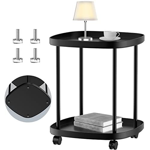 Oycevila Side Table With Wheels, Movable Double Layer End Table, Black Plastic Side Table, End Side Table With 2 Locking Caster For Indoor & Outdoor, Living Room/Bedroom/Balcony/Study Room/Etc #TOP3
