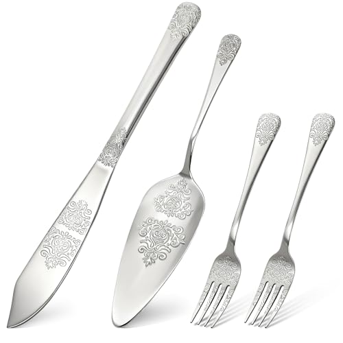Image of DEAYOU 4 PCS Wedding Cake Knife and Server Set, Stainless Steel Cake Cutting Set with Forks, Engraved Cake Cutter Pie Spatula for Engagement, Anniversary, Birthday, Bride and Groom Gift, Silver