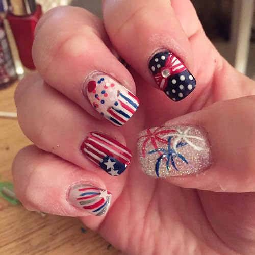 4th of July Press on Nails Short Square With American Flag Glitter