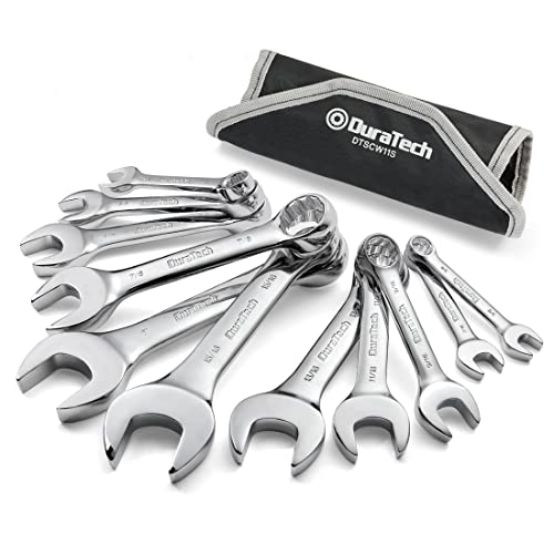 DURATECH Stubby Combination Wrench Set, SAE, 11-Piece, 3/8” to 1”, 12-Point, CR-V Steel, with Rolling Pouch