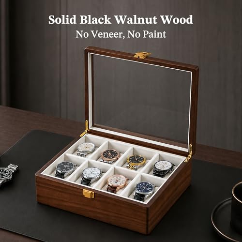 Image of Solid Black Walnut Watch Box, 8 Slot Wooden Watch Organizer with Glass Lid, High-End Watch Display Case Jewelry Storage Box, Gift for Husband, Dad, Birthday, Anniversary, Father's Day, Men and Women