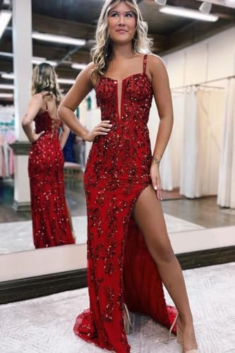 Image of TIRAS Fitted Women's Spaghetti Straps Sequins Tulle Prom Dresses Long Split Tight Appliques Lace Bodycon Sexy Evening Gown for Teens Black 8