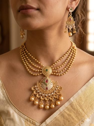 Image of Gold-Toned Traditional Multilayer Beaded Necklace Set with Kundan Pendant and Jhumka Earrings