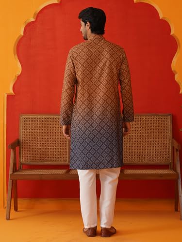 Image of Jompers Thread Work & Sequin Embellished Printed Kurta Set for Men Cotton Blend