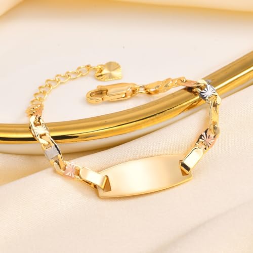 Personalized Baby ID Bracelet - 18K Gold Plated Tri-Color Chain Custom Name ID Plate Bar Bracelet for Children Toddler from Mom,Engraved Kid Name Customized Birthday,Back To School Gift for Daughter3