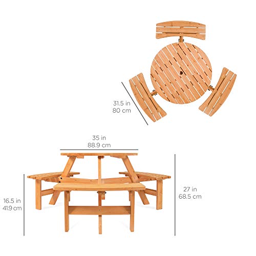 Best Choice Products 6-Person Circular Outdoor Wooden Picnic Table for Patio, Backyard, Garden, DIY w/ 3 Built-in Benches, Umbrella Hole - Natural