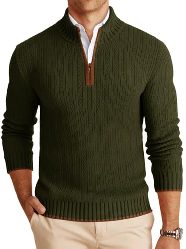 Runcati Mens Quarter-Zip Pullover Sweater Casual Mock Neck Knitted Winter Warm Ribbed Polo Sweaters