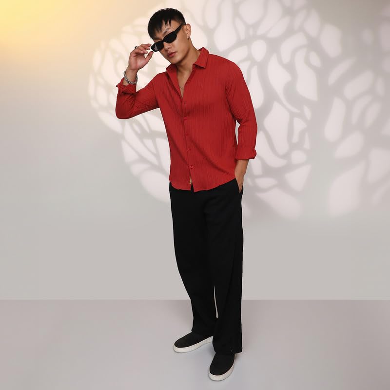 Image of CAHOOT Men's Veined-Textured Shirt | Casual Wear | Spread Collar | Long Sleeve | Button Closure | Shirt Crafted with Comfort Fit for Everyday Wear