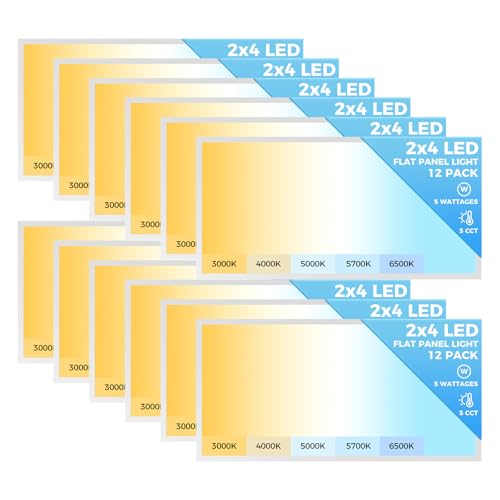 AIKVSXER 12 Pack 2x4 LED Flat Panel Light, Dimmable Recessed Drop Ceiling Light Fixture for Office Kitchen,9100LM,Switchable 5CCT 3000K/4000K/5000K/5700K/6500K, 5 Wattages 30W/40W/50W/60W/70