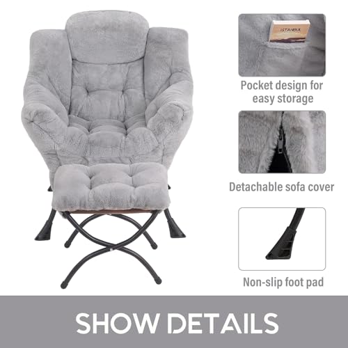 Image of LITA Lazy Chair with Ottoman, Modern Accent Leisure Upholstered Sofa Chair, Contemporary Lounge Reading Chairs with Armrests and a Side Pocket for Living Room, Bedroom & Small Space, Plush Grey