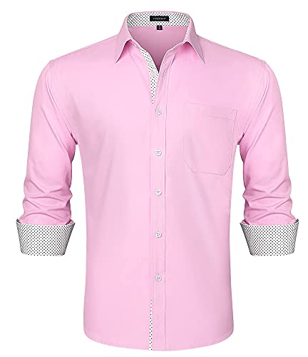HISDERN Camisa de Vestir Formal para Hombre Camisas de Algodon de Manga Larga con Botones Rosas para Hombres