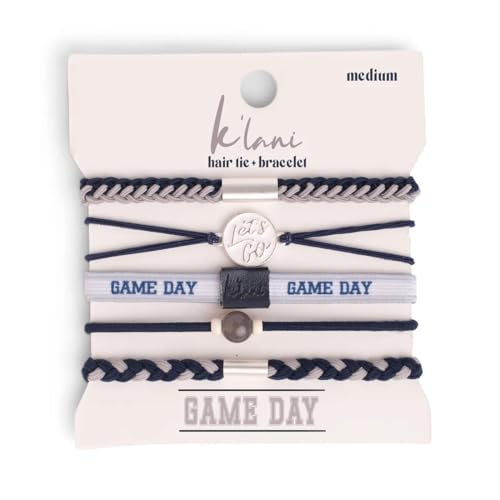 K'lani Game Day Hair Tie Bracelets – 5-Pack Stretchy No-Crease Hair Ties & Stylish Bracelets – Team Color Accessory for Hair or Wrist - Navy & Gray, Medium