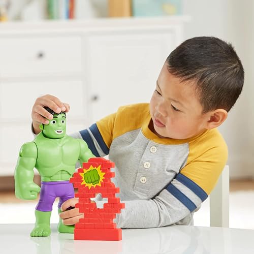 Marvel Spidey and His Amazing Friends Power Smash Hulk Preschool Toy, Face-Changing 10-inch Hulk Figure with Brick Wall Accessory, Ages 3+