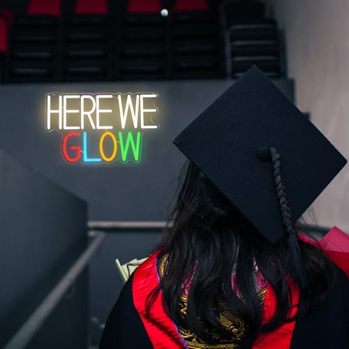 Image of Here We Glow Neon Sign Congrats Grad LED Light for Prom Night Party Decor | Dimmable Letter Neon Lights for Bedroom, Prom Light Up Signs, Acrylic Wall Art, USB Powered, Graduation Backdrop Decor, Gifts