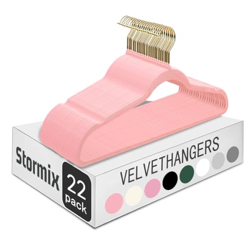 Stormix 22 Perchas De Terciopelo, 17.3 x 8.9 Pulgadas Perchas De Ropa, Antideslizante Vestidos Perchas con Hombro Muescas para Adultos Rosa (Gancho de Oro)