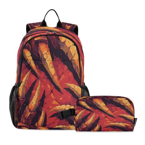 Sac à dos étudiant avec sac à lunch animaux griffes rouge foncé pour enfants voyageant
