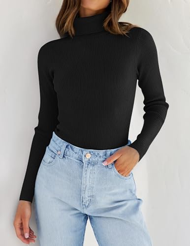 ZESICA Women's Turtleneck Long Sleeve Shirts 2025 Fall Trendy Tops Slim Fitted Ribbed Knit Basic Casual Sweater2