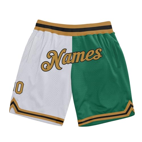 Personalized Split Fashion Shorts | White & Old Gold with Kelly Green Two-Tone | Unisex Design