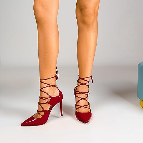DearOnly Womens Ankle Strap Lace-up Gladiator Pumps Close Pointed Toe High Stiletto Heel Sexy Wedding Prom Shoes 3.9 Inches Heels3