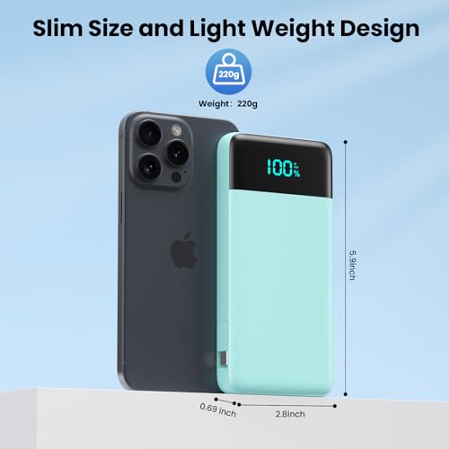 Image of Portable Charger Power Bank for iPhone with Built-in Cables and AC Wall Plug, 13800mAh Ultra Slim Travel Essentials,USB C Fast Charging External Battery Pack for iPhone 17 /16 /13,Galaxy,Android-Green
