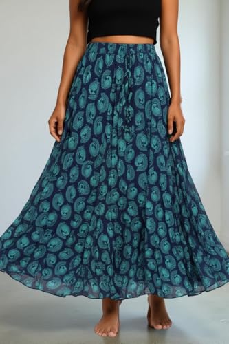 Image of Premium Long Skirt | Stylish Long Crushed Cotton & Unique Prints | Floor Length Skirt for Women | Elastic Waist Premium Maxi Skirt - Comfortable Casual Wear