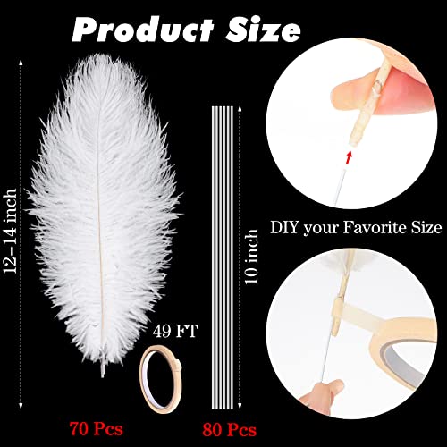 Hanaive 150 Pcs Ostrich Feathers Set Bulk Plumes 12-14 Inch (30-35cm) 70 Pcs Large Ostrich Feathers with 80 Sticks and Tape for DIY Crafts Wedding Home Party Centerpiece Decorations(White) by Hanaive - Image 2
