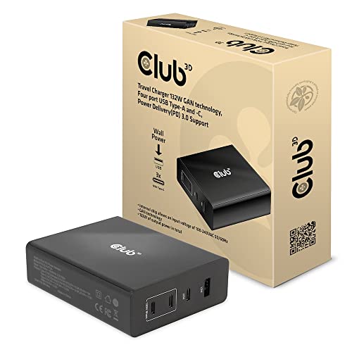 Cargador GaN 132W Club3D CAC-1906 de cuatro puertos USB A y C para viaje
