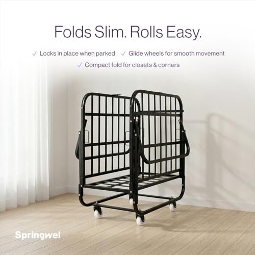 Image of Springwel Ultimate Rollaway Folding Metal Single Bed | 6 - Inch Foldable Mattress for Extra Comfort | Lockable Wheels | 190x90 cm | Black